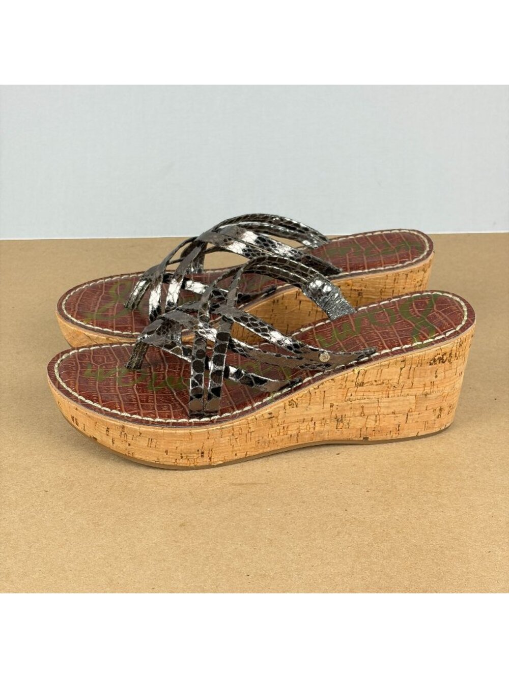 Sam Edelman Randy Cork Wedge Sandals Womens 8.5 Pewter Tan Slip In Toe Loop